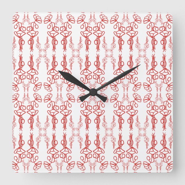 Relógio Quadrado Chic Poppy Outline Red on White Square Wall Clock (Frente)
