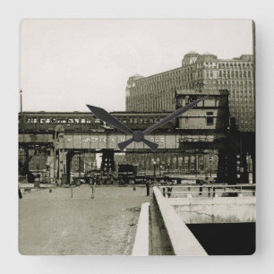 RELÓGIO QUADRADO CHICAGO MERCHANDISE MART TROLLEY TRAIN WATERCOLOR