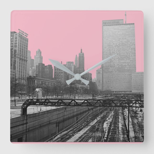 Relógio Quadrado Chicago Rail Yards Michigan Avenue 1960's Photo (Frente)