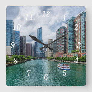 Relógio Quadrado Chicago River e Trump Tower Wall Clock