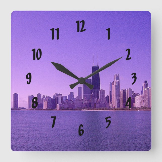 Relógio Quadrado Chicago Skyline Deep Purplish Hues (Frente)