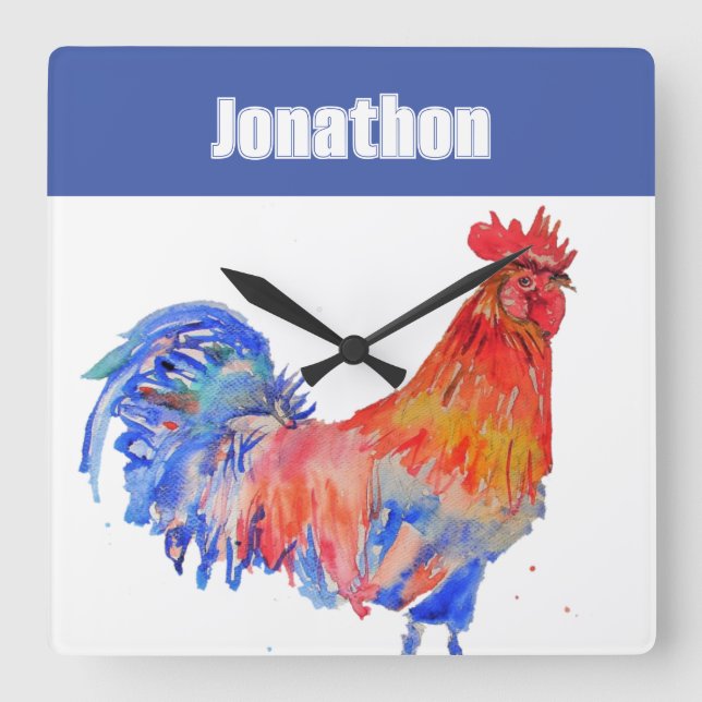 Relógio Quadrado Chicken Rooster Bird Kids Boys Name Notebook (Frente)