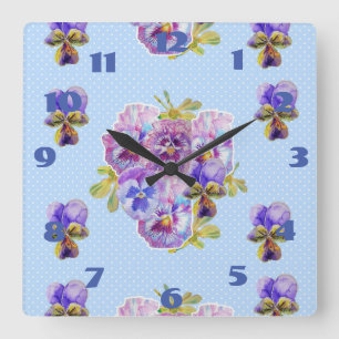 Relógio Quadrado Chique Azul Panteras Pansy Traço Floral