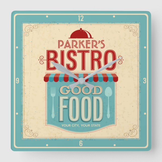 Relógio Quadrado Chique de NOME Personalizado Francês Bistro Cafe (Frente)