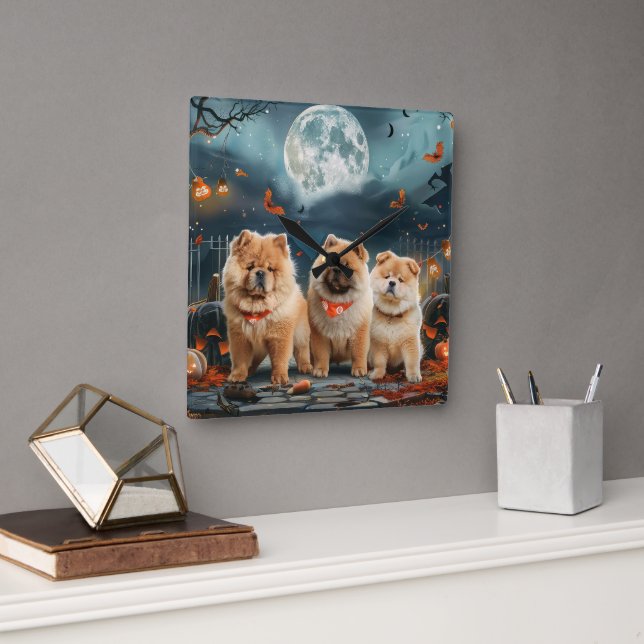 Relógio Quadrado Chow Chow Halloween Assustador (Escritório)