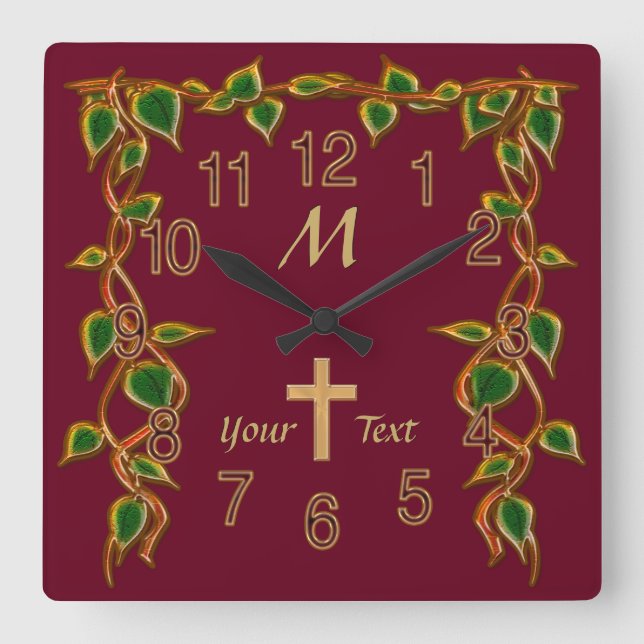 Relógio Quadrado Christian Wall Clocks com Monograma e seu texto (Frente)