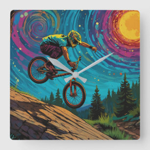 Relógio Quadrado Ciclista de BMX na Encosta da Montanha