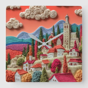 Relógio Quadrado Cidade Colorida no Topo da Colina em Arte de Borda