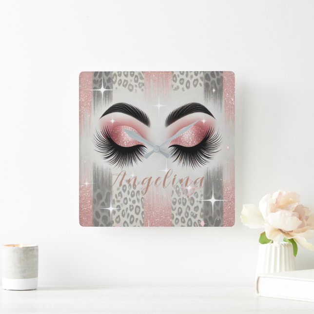 Relógio Quadrado Cílios Glitter Rosa Glam  (Lar)