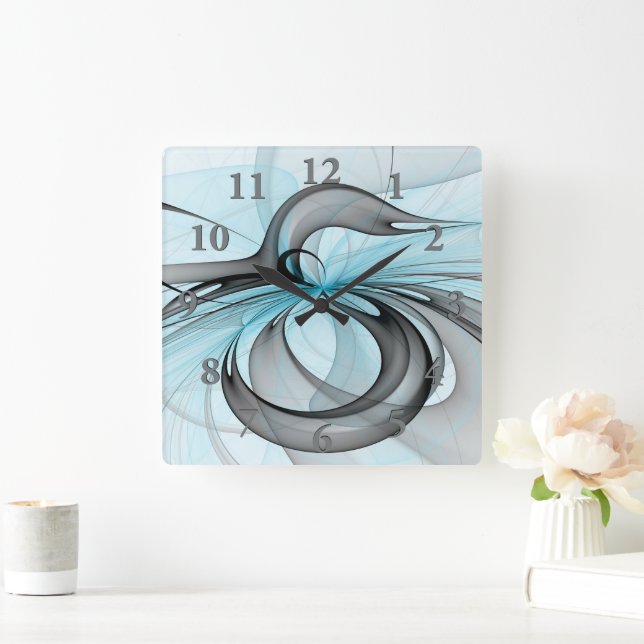 Relógio Quadrado Cinza Antracite Arte Fractal Azul Moderna (Lar)