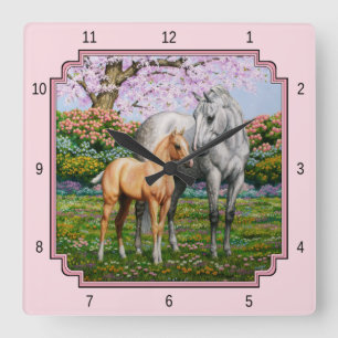 Relógio Quadrado Cinza de maçã Cavalo Triplo Mare Palomino Pink