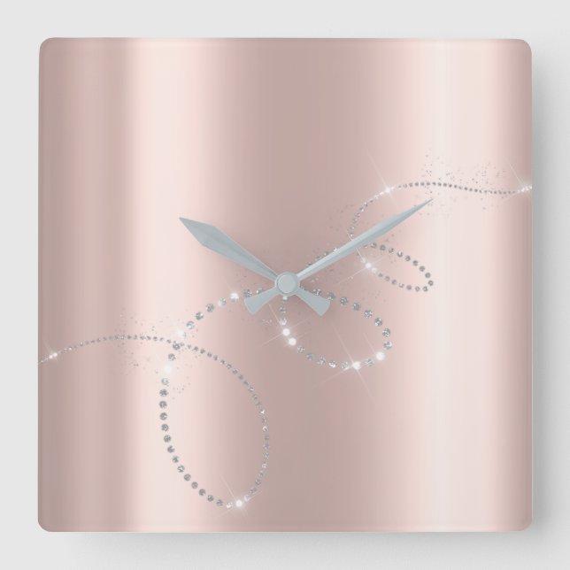 Relógio Quadrado Cinza de Prata Rosa de Pastel Cristais Infinitos D (Frente)