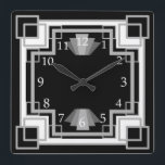 Relógio Quadrado Cinza Deco de Arte 1920 e Padrão Geométrico Negro<br><div class="desc">Vintage glamour styled 1920 temed clock. Ele tem uma cinza e quadrados geométricos pretos design com um ousado toque masculino. Adicione alguma elegância e classe ao seu escritório doméstico ou qualquer quarto.</div>