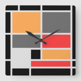Relógio Quadrado Cinza design cor-de-laranja-vermelha, estilo mondr