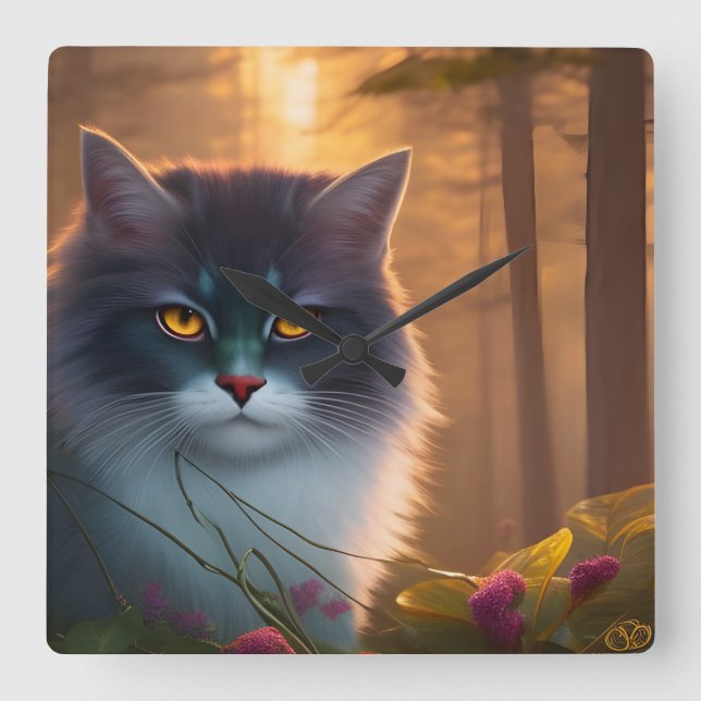 Relógio Quadrado Cinza e gato florestal branco fluffy, Fantasy (Frente)