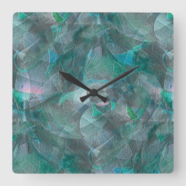 Relógio Quadrado Cinza esverdeado sobre gesso de parede inacabado (Frente)