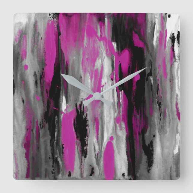 Relógio Quadrado Cinza magenta Abstrato preto e branco (Frente)