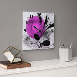 Relógio Quadrado Cinza Negra abstrato com Fratura Magenta