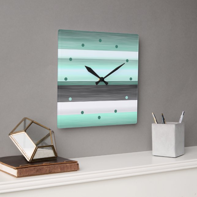 Relógio Quadrado Cinza Pastel Mint Green Black Watercolor Stripes (Escritório)