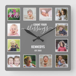 Relógio Quadrado Cinza Personalizada Da Família De Colagem De Foto