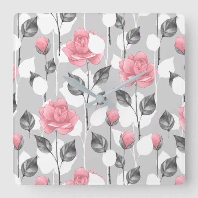 Relógio Quadrado Cinzas e rosa. Teste padrão floral (Frente)