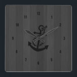 Relógio Quadrado Cinzas Folhas Planícies de Madeira Anchor Negro<br><div class="desc">Padrão de cinzas de madeira com âncora náutica negra. Não uma madeira real,  mas uma imagem que se parece com madeira.</div>