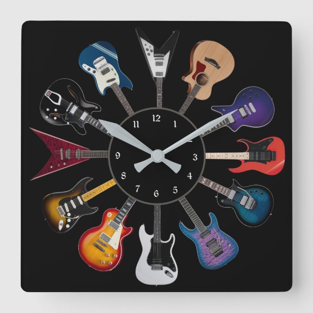 Relógio Quadrado Círculo de Guitarra Elétrica Preto (Frente)