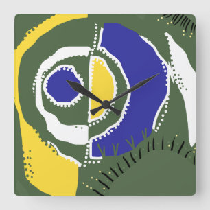 Relógio Quadrado Círculo Étnico Sunrise - Azul Branco Verde Amarelo