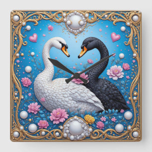 Relógio Quadrado Cisnes de Casamento Enquadrados com Ouro e Flores
