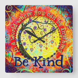 Relógio Quadrado Citação de gentileza de Árvore Colorida na moda