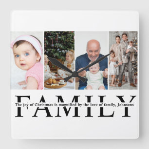 Relógio Quadrado Citação moderna de Natal para família com 4 fotos 