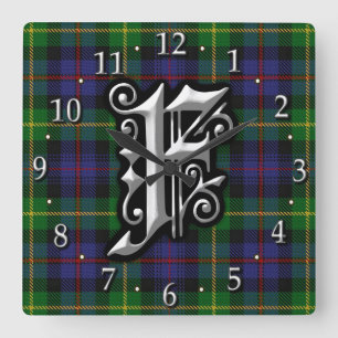 Relógio Quadrado Clan Farquharson - Letra F Monograma Tartan