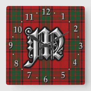 Relógio Quadrado Clan Maxwell - Letra M Monograma Vermelho Tartan V