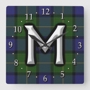 Relógio Quadrado Clan Muir - Letra M Monograma Tartan