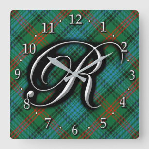 Relógio Quadrado Clan Ross - Letra R Monograma Verde Azul Tartan
