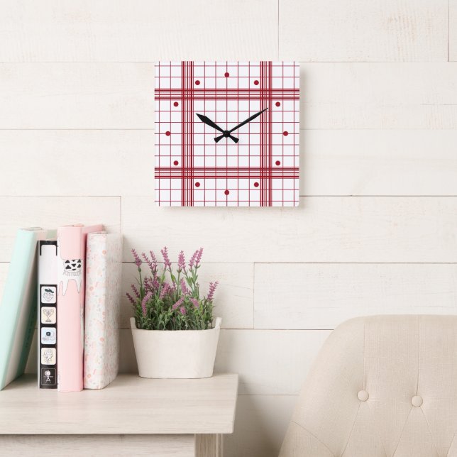 Relógio Quadrado Classic Dark Red Farmhouse Plaid Pattern On White (Sala de leitura)