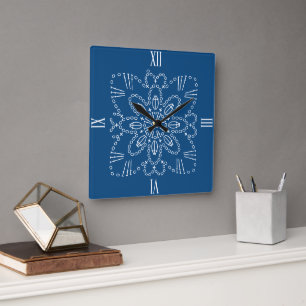 Relógio Quadrado Clássico Blue Crochet Chart Square Wall Clock