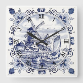 Relógio Quadrado Clássico Vintage Chic Dutch Windmill Delft Blue