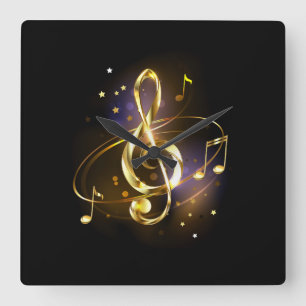 Relógio Quadrado Clave de Sol de Música Dourada