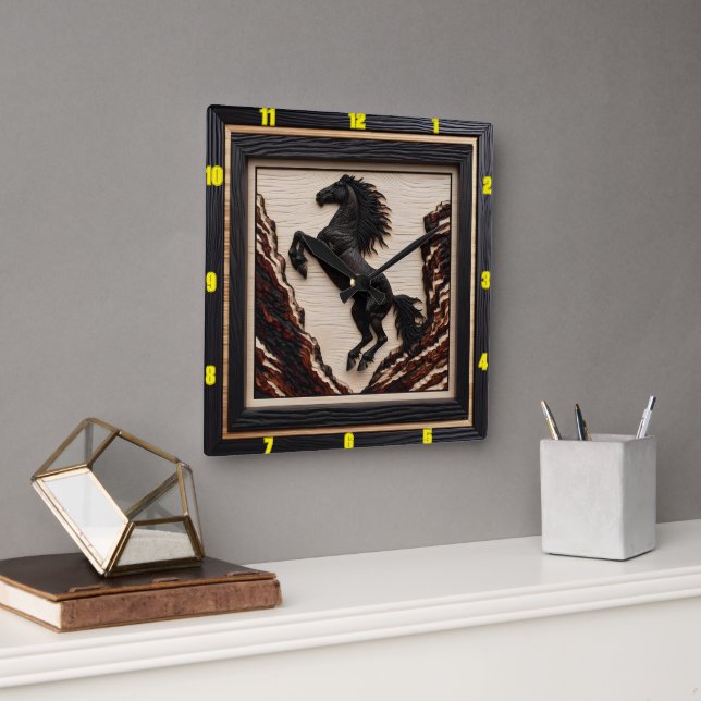Relógio Quadrado Cliffside Majestade: Charred Wood Mustang (Escritório)