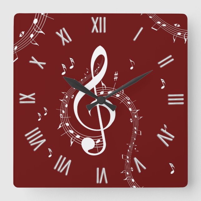 Relógio Quadrado Climactic G Clef Music Red Roman Numerals (Frente)