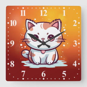 Relógio Quadrado Clipart de Gato Fofo Estilo Kawaii