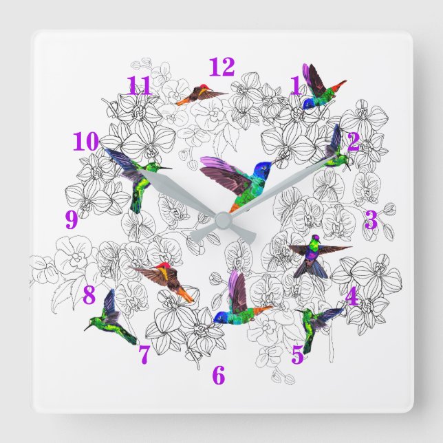 Relógio Quadrado Clock de Aves primavera - Aves Hummingbird (Frente)