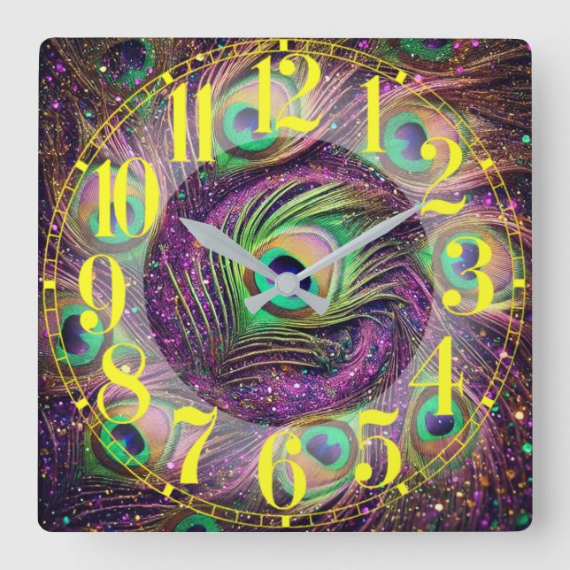 Relógio Quadrado Clock de Muro de Penas de Peacock Galácticas (Frente)