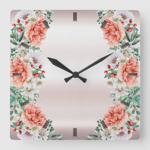 Relógio Quadrado Clock de Parede de Flor de Peony Aquarela