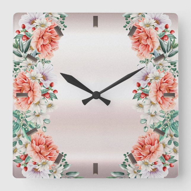 Relógio Quadrado Clock de Parede de Flor de Peony Aquarela (Frente)