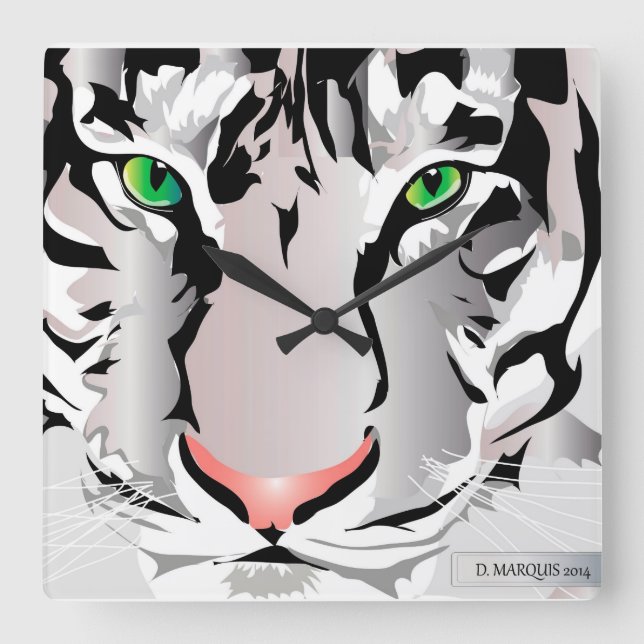 RELÓGIO QUADRADO CLOCK PERSONALIZADO - TIGER-WHITE/CINZA (Frente)