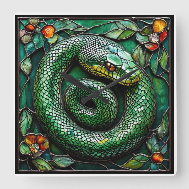 Relógio Quadrado 🐍 Cobra Verde Decoração Moderna de Casa Natureza (Frente)