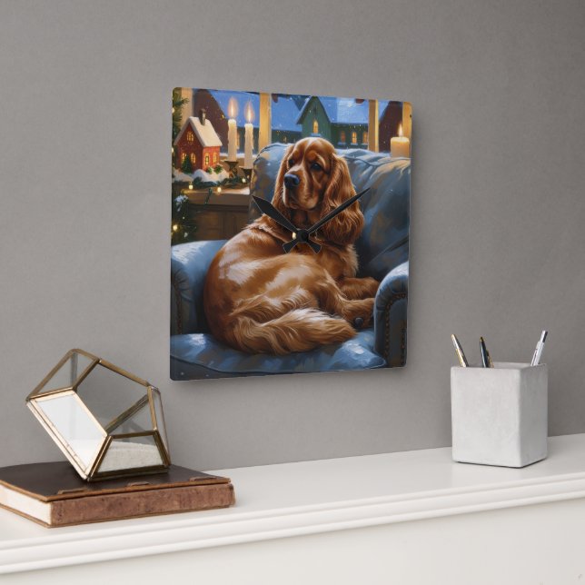 Relógio Quadrado Cocker Spaniel com Feriado das Luzes de Natal (Escritório)