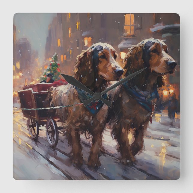 Relógio Quadrado Cocker Spaniel Inglês Temporada de Natal (Frente)
